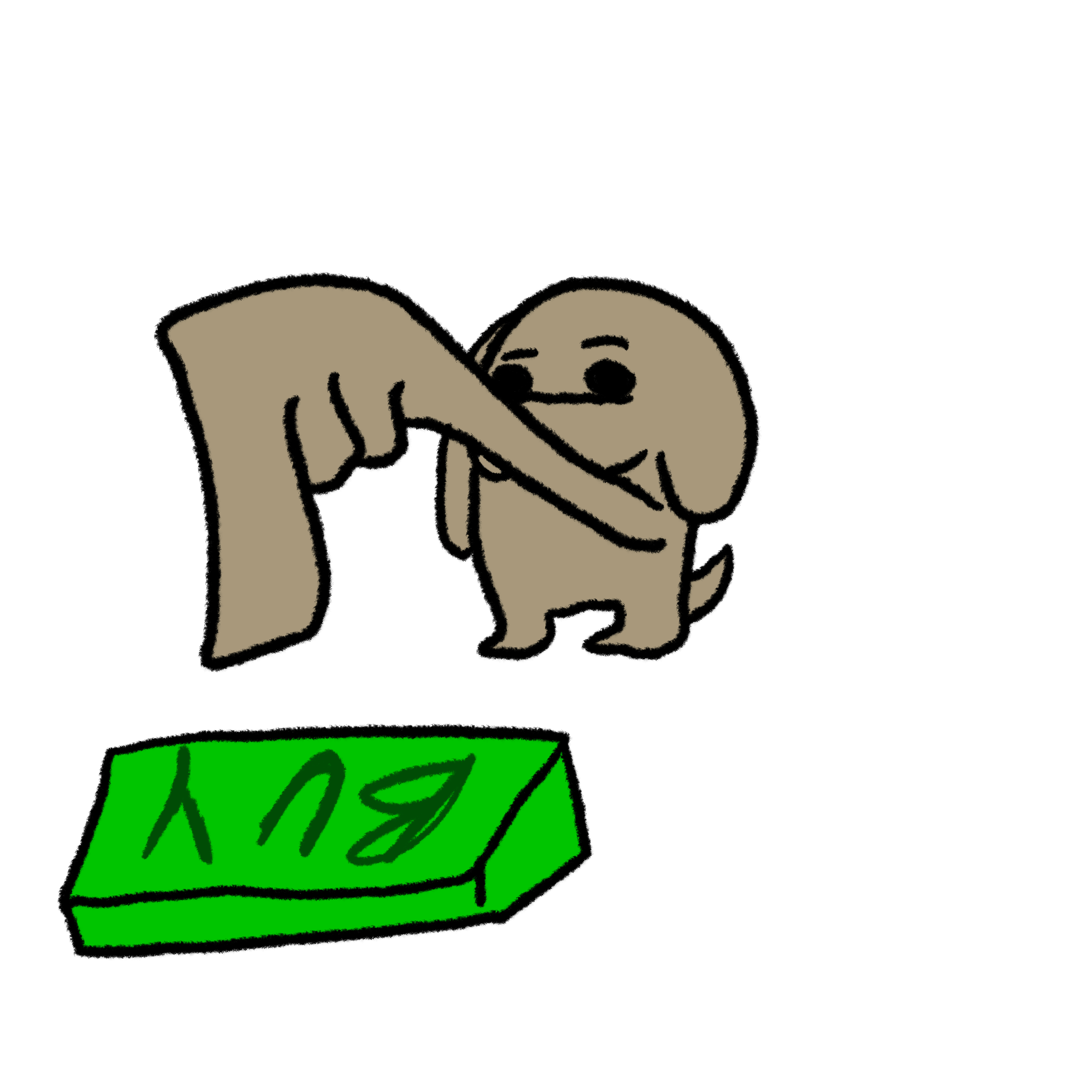 Zerpy, holding a BUY sign